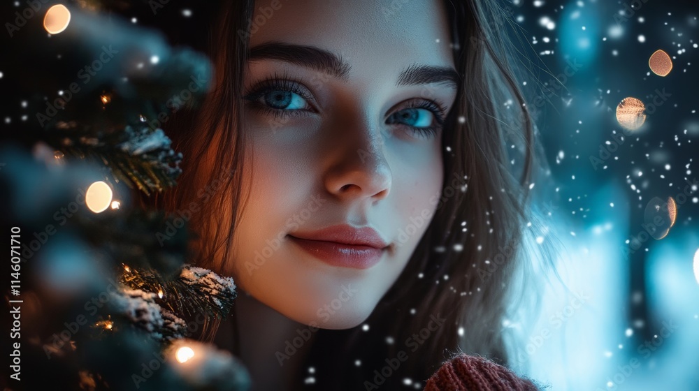 A young woman gazing softly at the camera among sparkling lights and gentle snowflakes. Winter magic fills the air with beauty. A young woman gazing softly at the camera among sparkling lights and gentle snowflakes. Winter magic fills the air with beauty.