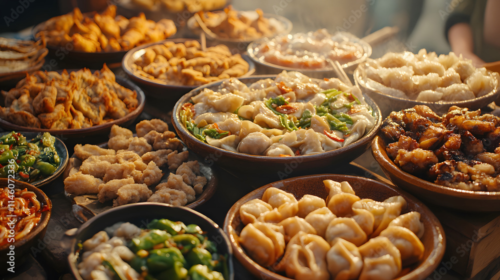 Asian dumplings and fried snacks in wooden bowls. The assortment includes steamed dumplings garnished with green chili peppers and what appears to be stir-fried vegetables. The golden-brown fried item Asian dumplings and fried snacks in wooden bowls. The assortment includes steamed dumplings garnished with green chili peppers and what appears to be stir-fried vegetables. The golden-brown fried item