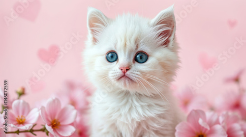 A fluffy white kitten with pink flowers