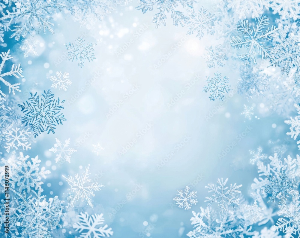 Frosty Winter Wonderland with Delicate Snowflakes on a Soft Blue Background, Perfect for Seasonal Greetings and Holiday Celebrations Frosty Winter Wonderland with Delicate Snowflakes on a Soft Blue Background, Perfect for Seasonal Greetings and Holiday Celebrations