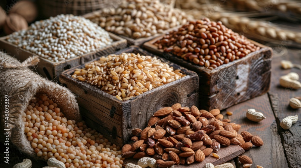 Rustic display of grains and nuts in wooden boxes Rustic display of grains and nuts in wooden boxes