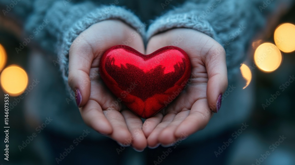 Hands Holding a Shiny Red Heart Symbol Against a Soft Bokeh Background Evoking Feelings of Love, Romance, and Connection During a Warm Evening Glow Hands Holding a Shiny Red Heart Symbol Against a Soft Bokeh Background Evoking Feelings of Love, Romance, and Connection During a Warm Evening Glow