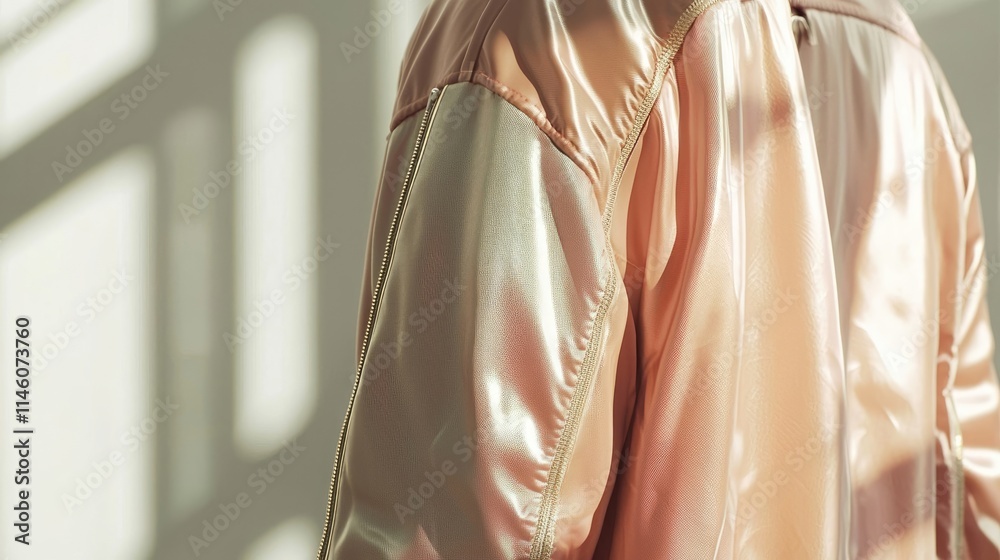 A close-up of a stylish, shiny jacket with soft pastel colors illuminated by natural light. A close-up of a stylish, shiny jacket with soft pastel colors illuminated by natural light.