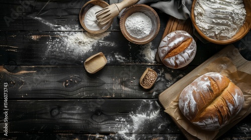 Freshly baked bread loaves on a wooden table