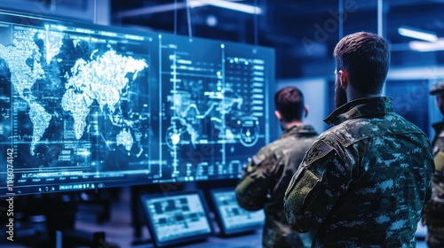 Holographic Military Map Layout in High-Tech Command Center, Highlighting Tactical Points and Military Emblems, Strategic Layout. 