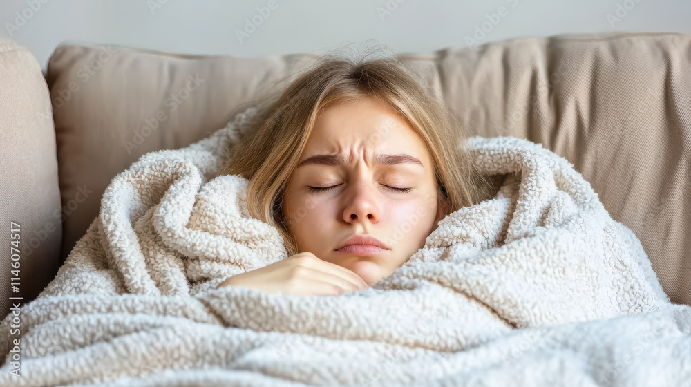 Norovirus outbreak concept and health themes, A young woman lies on a couch, wrapped in a blanket, appearing tired and unwell, with a furrowed brow and closed eyes. Norovirus outbreak concept and health themes, A young woman lies on a couch, wrapped in a blanket, appearing tired and unwell, with a furrowed brow and closed eyes.