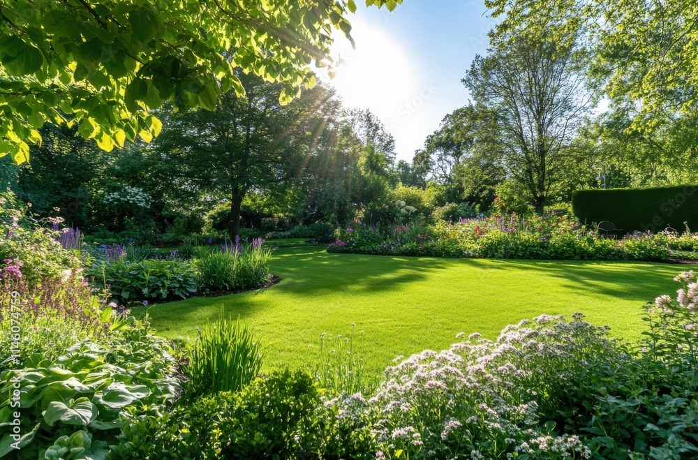 Fototapeta premium Lush Green Garden Oasis with Vibrant Flowers Under Bright Sunlight in a Picturesque Landscape Offering a Peaceful Retreat and Serenity in Nature