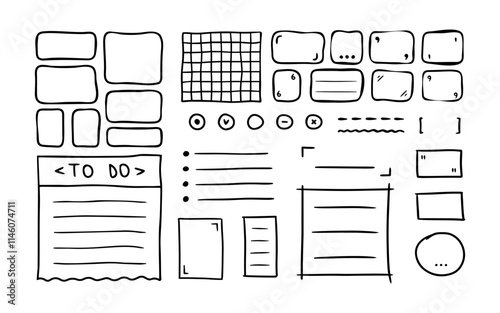 Hand drawn underlines, speech bubbles, shapes, frames, arrows, strokes, check marks, spiral. Text box. Bullet journal elements. Sketch emphasis by pen, pencil or marker. Vector design elements set.