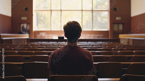 A student practicing a speech in front of a teacher in a nearly empty classroom.