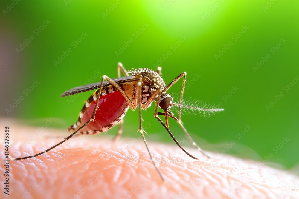 Close-up of a mosquito on human skin, highlighting insect-borne diseases like malaria and dengue fever Close-up of a mosquito on human skin, highlighting insect-borne diseases like malaria and dengue fever