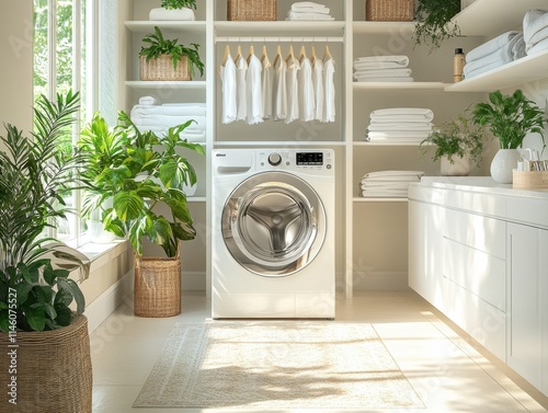  Kitchen with Large Front Loader Washing Machine, Showcasing Green Shelf Decor and Potted Plants, Adorned with Area Rugs for Inviting Atmosphere, Revealing Cohesive Bathroom Space