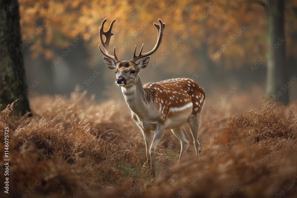 Obraz premium A lone deer grazes in a sun-drenched forest clearing.. Beautiful simple AI generated image