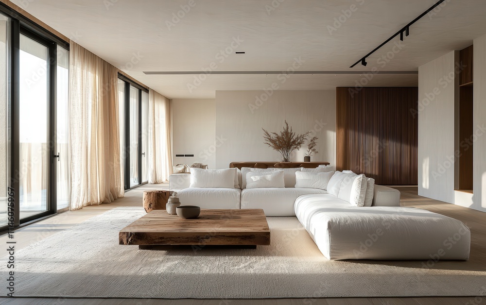 Spacious living room in minimalist style with white sofa, wooden coffee table, large windows, and light wall finishes Spacious living room in minimalist style with white sofa, wooden coffee table, large windows, and light wall finishes