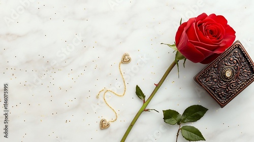 Minimalistic Valentine s Day Flat Lay with Red Rose Ornate Jewelry Box and Scattered Gold Glitter photo