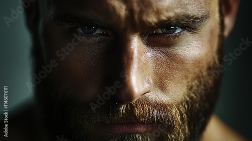 Close-up portrait of a man with a rugged beard, dark eyes, and smooth skin, natural lighting highlighting his sharp features.