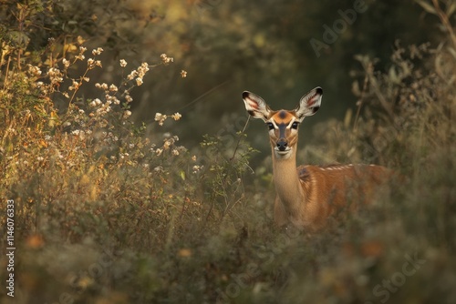 A lone deer grazes in a sun-drenched forest clearing.. Beautiful simple AI generated image