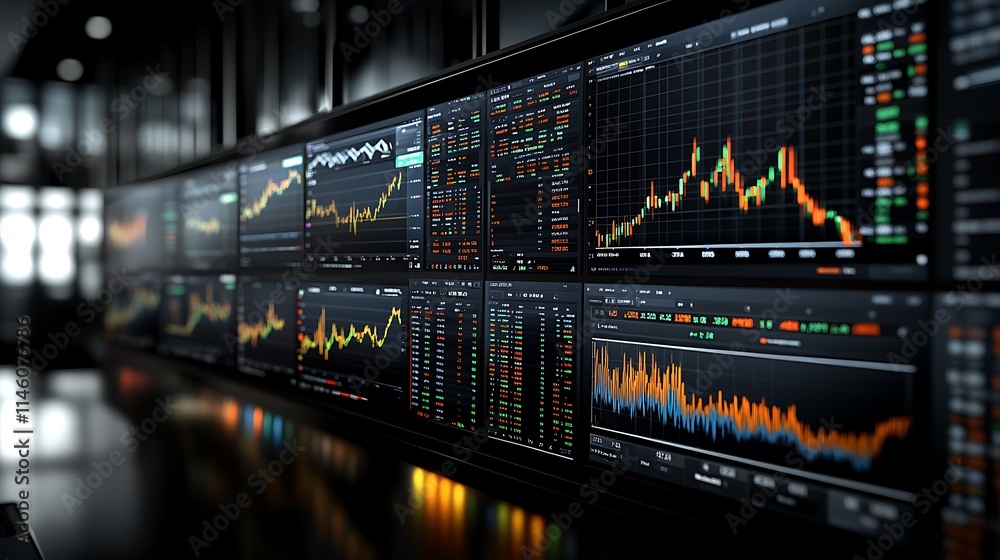 Multiple Monitors Displaying Financial Market Data Graphs Multiple Monitors Displaying Financial Market Data Graphs