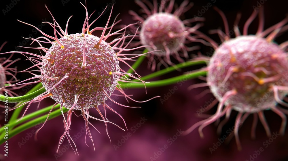 Fototapeta premium Norovirus outbreak concept and health themes, Microscopic view of stylized pathogens with intricate details, showcasing their structure and vibrancy against a dark background.