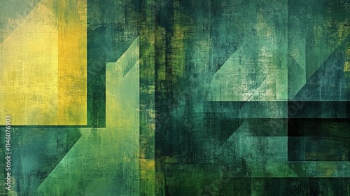 Abstract geometric shapes in shades of green and yellow, forming a layered design.