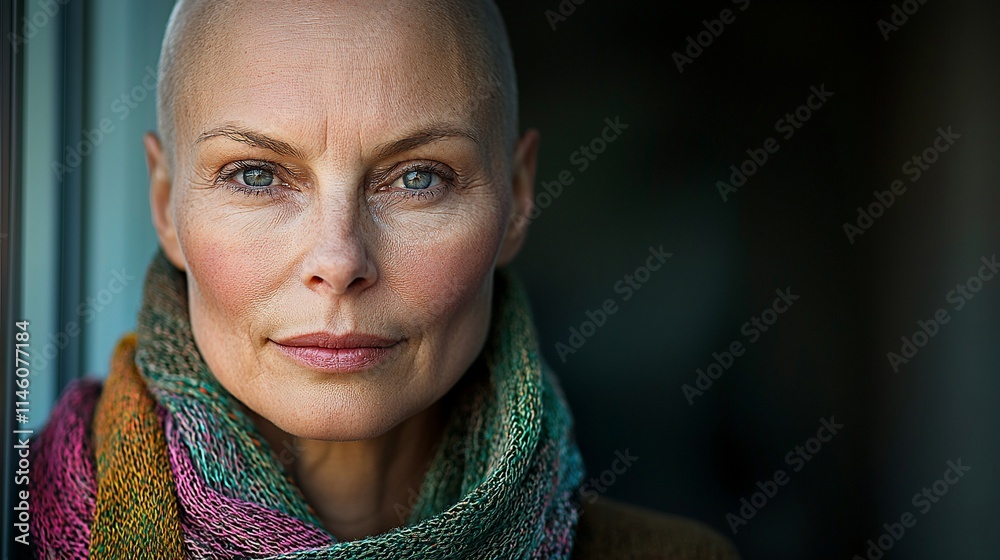 Close-up portrait of a bald, confident woman wearing a colorful scarf. Close-up portrait of a bald, confident woman wearing a colorful scarf.