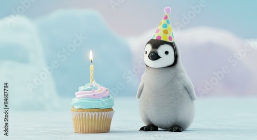 Adorable penguin chick celebrates birthday with cupcake and candle.  Perfect for cards, websites, or children's projects.