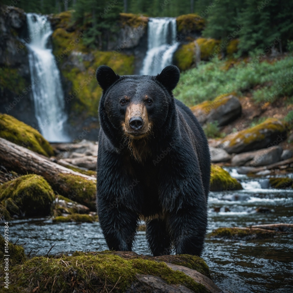 A wild black bear standing near a waterfall surrounded by vibrant forest. A wild black bear standing near a waterfall surrounded by vibrant forest.