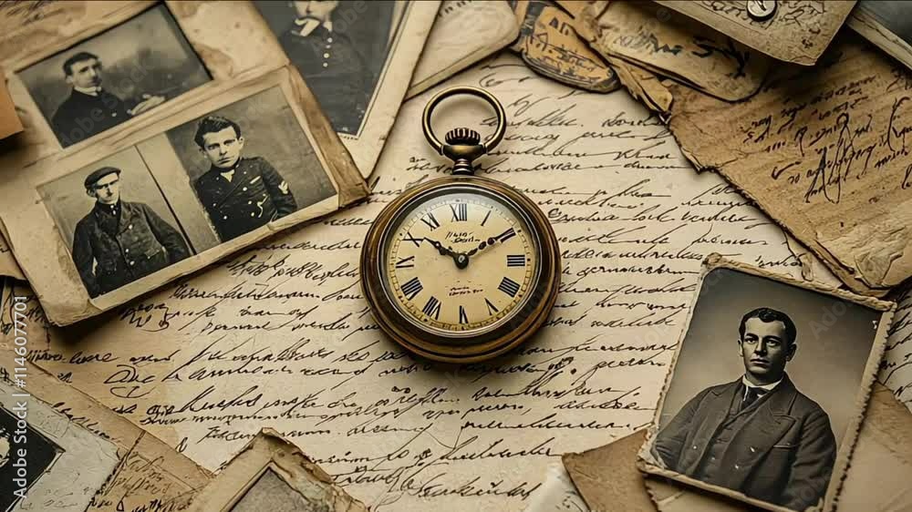 Vintage pocket watch and photos on old letters