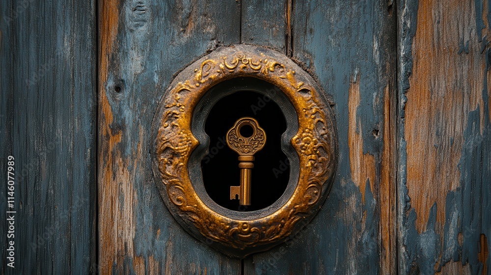 Fototapeta premium Close-up of an ornate keyhole set in a weathered wooden door, inviting curiosity and mystery.