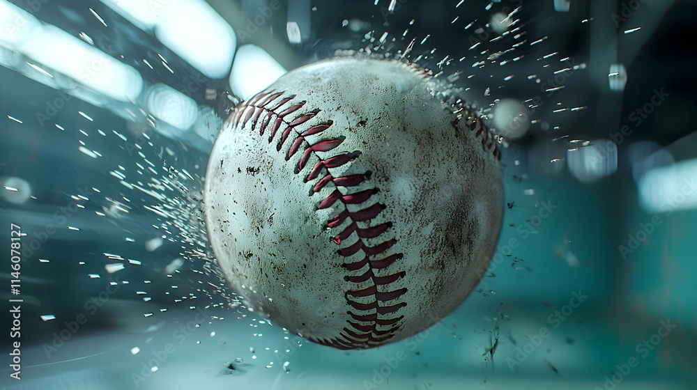 A high-speed close-up of a baseball soaring through the air, sharply focused against a blurred backdrop of camera flashes and stadium lights, creating a thrilling atmosphere A high-speed close-up of a baseball soaring through the air, sharply focused against a blurred backdrop of camera flashes and stadium lights, creating a thrilling atmosphere
