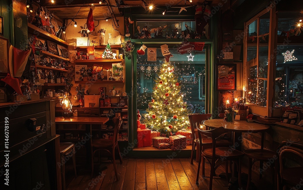 A cozy cafe with a small, brightly lit Christmas tree on display, surrounded by warm holiday lighting and cheerful decor A cozy cafe with a small, brightly lit Christmas tree on display, surrounded by warm holiday lighting and cheerful decor