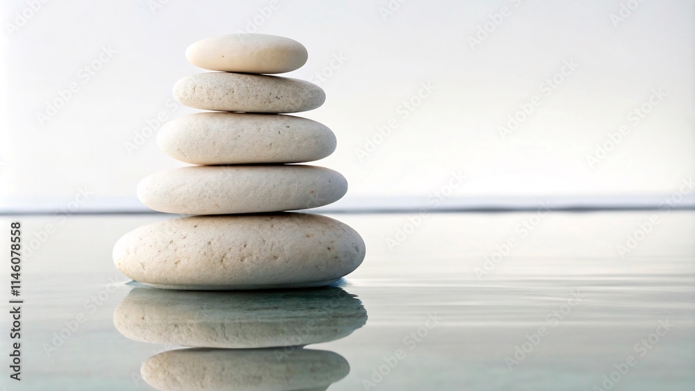 Stone stack on a tranquil beach with ocean and sky background3 Stone stack on a tranquil beach with ocean and sky background3