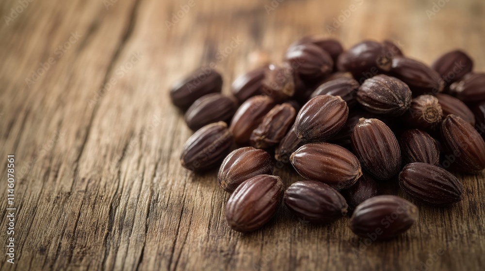 Naklejka premium Close-up of glistening jojoba seeds scattered on a wooden surface, showcasing their rich, earthy tones and textures.