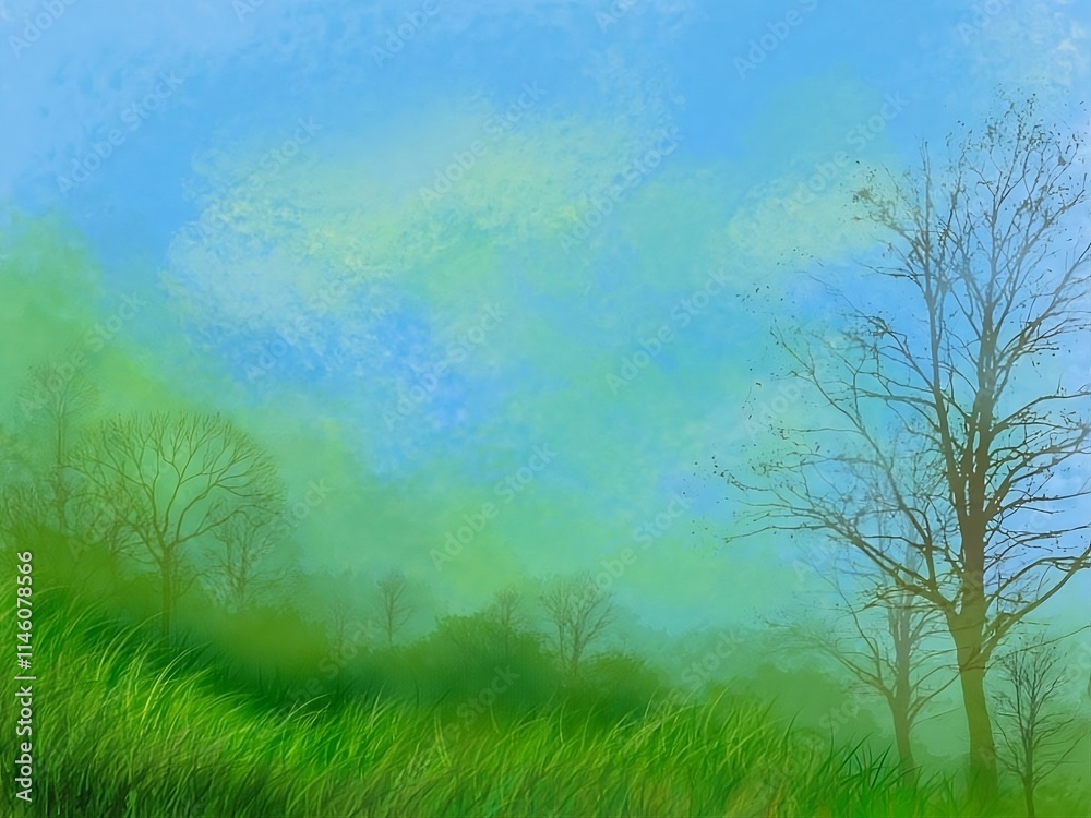 Fototapeta premium Landscape with Bare Trees and Lush Green Grass – Nature-Inspired Digital Artwork
