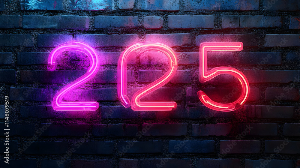 Neon Number 225 Glows on Brick Wall at Night Neon Number 225 Glows on Brick Wall at Night