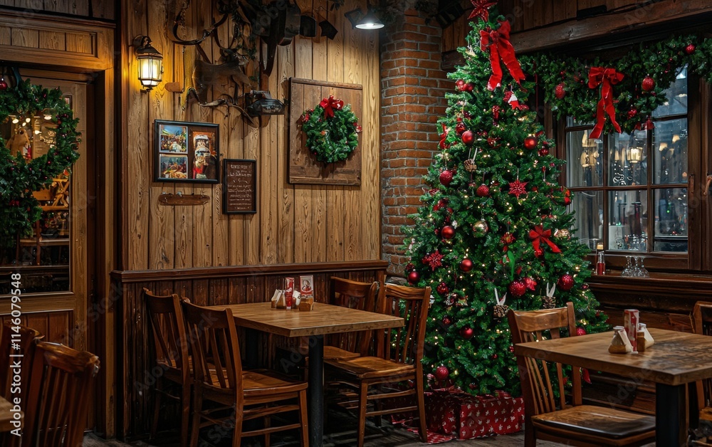 Obraz premium A festive Christmas tree with vibrant red and green decorations, placed in the corner of a rustic-style restaurant with wooden interiors