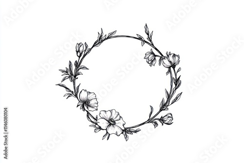 Circular floral wreath frame with delicate flowers and leaves, hand-drawn in black ink on white background.