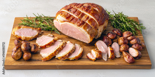 A beautifully arranged platter featuring a roasted meat joint, sliced and garnished with rosemary and roasted potatoes on a wooden board. photo