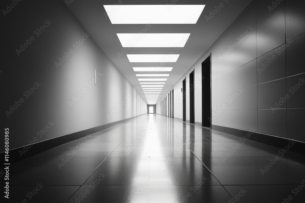 A seemingly endless corridor illuminated by bright, rectangular ceiling lights creates a futuristic and sterile ambiance, symbolizing progress and continuity. A seemingly endless corridor illuminated by bright, rectangular ceiling lights creates a futuristic and sterile ambiance, symbolizing progress and continuity.