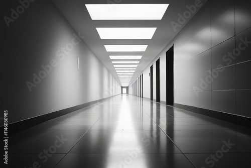 A seemingly endless corridor illuminated by bright, rectangular ceiling lights creates a futuristic and sterile ambiance, symbolizing progress and continuity.