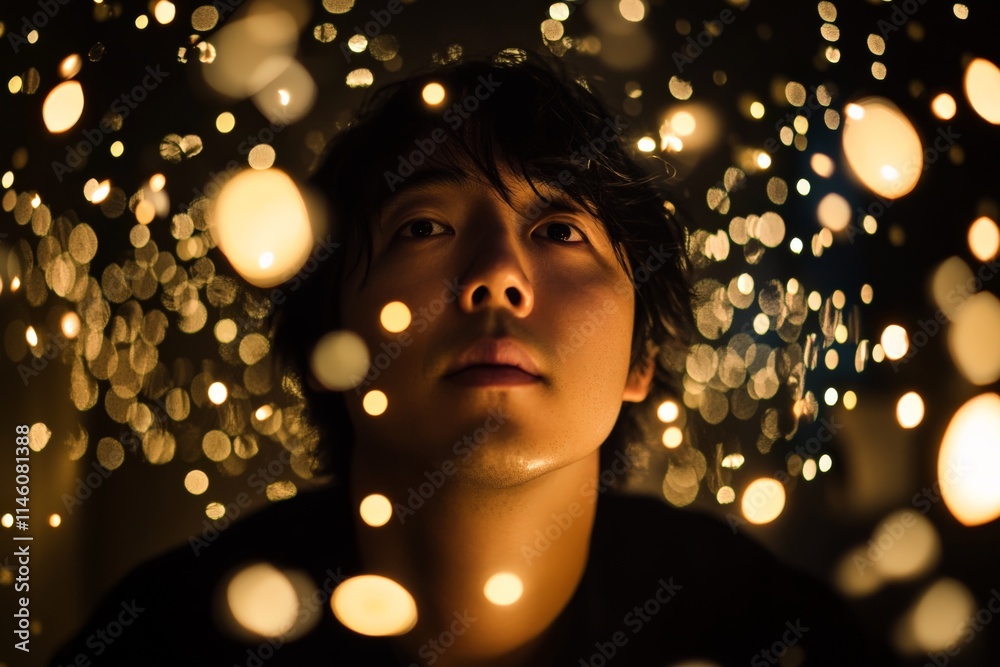 A man gazes upward surrounded by glowing orbs of light in a dark setting, creating a dreamy, magical atmosphere of wonder and introspection. A man gazes upward surrounded by glowing orbs of light in a dark setting, creating a dreamy, magical atmosphere of wonder and introspection.