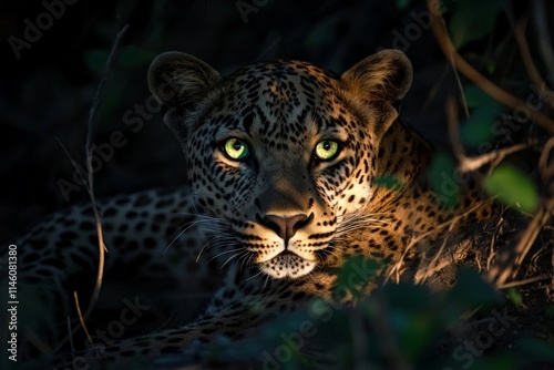 A vigilant leopard rests in the thick shadows of the jungle foliage, its green eyes gleaming with a fierce, untamed wildness and sense of raw magnificence. photo