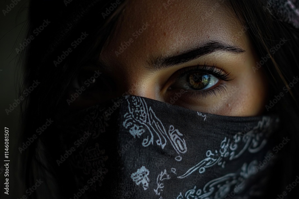 A mysterious individual's eyes peek out from a stylish patterned bandana in a dark setting, capturing a sense of intrigue and hidden depth through direct gaze. A mysterious individual's eyes peek out from a stylish patterned bandana in a dark setting, capturing a sense of intrigue and hidden depth through direct gaze.