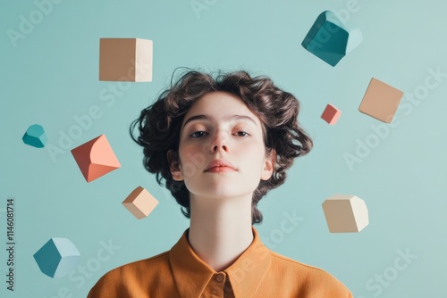 This modern art image highlights a young person among floating geometric shapes, combining themes of contemporary style, spatial awareness, and cerebral elegance. photo