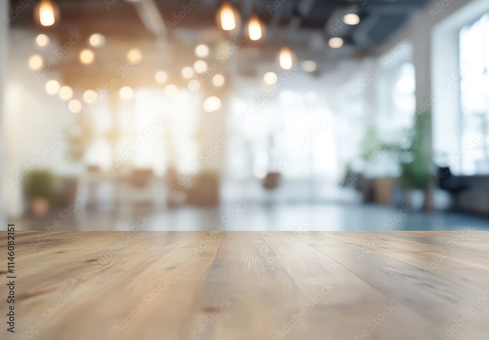 Fototapeta premium Rustic Wooden Table Surface with Blurred Background of Modern Office Space, Soft Lighting and Decorative Elements Creating a Welcoming Atmosphere