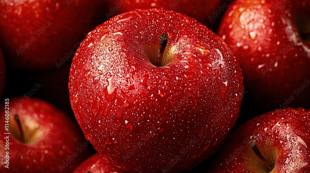 Close-up of fresh, red apples with water droplets.
