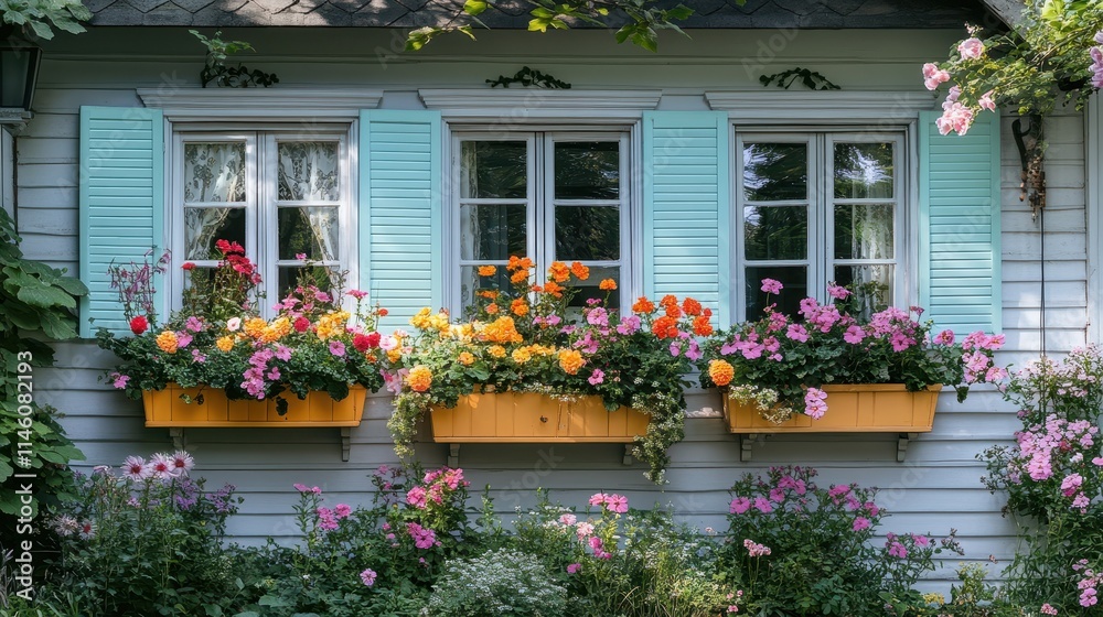 Fototapeta premium Cottage with charming bay windows and flower boxes.