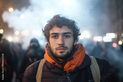 A man wearing a colorful scarf stands in a smoky protest scene, projecting calmness and focus amidst chaos, illustrating solidarity and hope in challenging times. photo