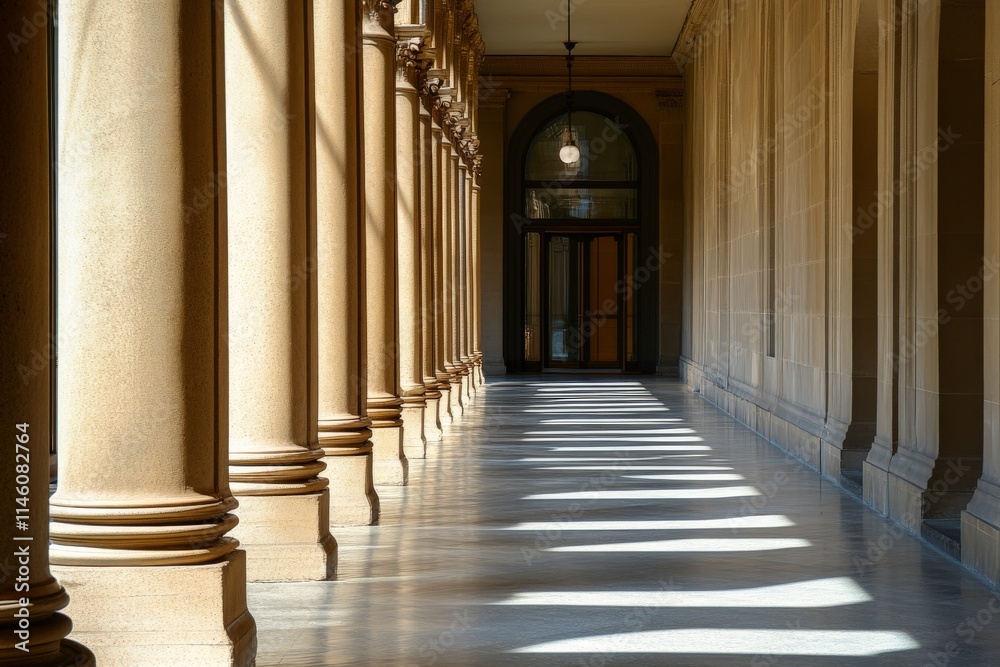 A long elegant corridor lined with classical columns and a light fixture at the end, showcasing architectural beauty and the serene play of light and shadows. A long elegant corridor lined with classical columns and a light fixture at the end, showcasing architectural beauty and the serene play of light and shadows.