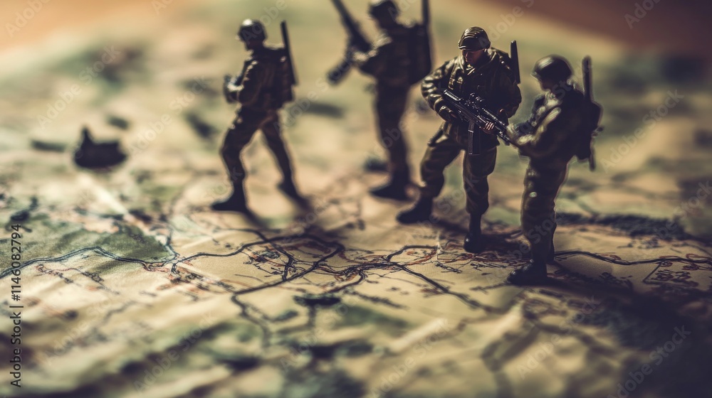 Close-up of detailed military strategy map with miniature soldiers and terrain models on wooden table for tactical planning and battlefield simulation. Close-up of detailed military strategy map with miniature soldiers and terrain models on wooden table for tactical planning and battlefield simulation.