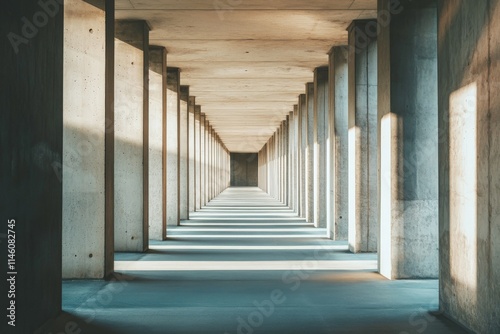 An architectural shot capturing a modern concrete corridor with square columns on each side, creating a fascinating play of light and shadow in a minimalist style.